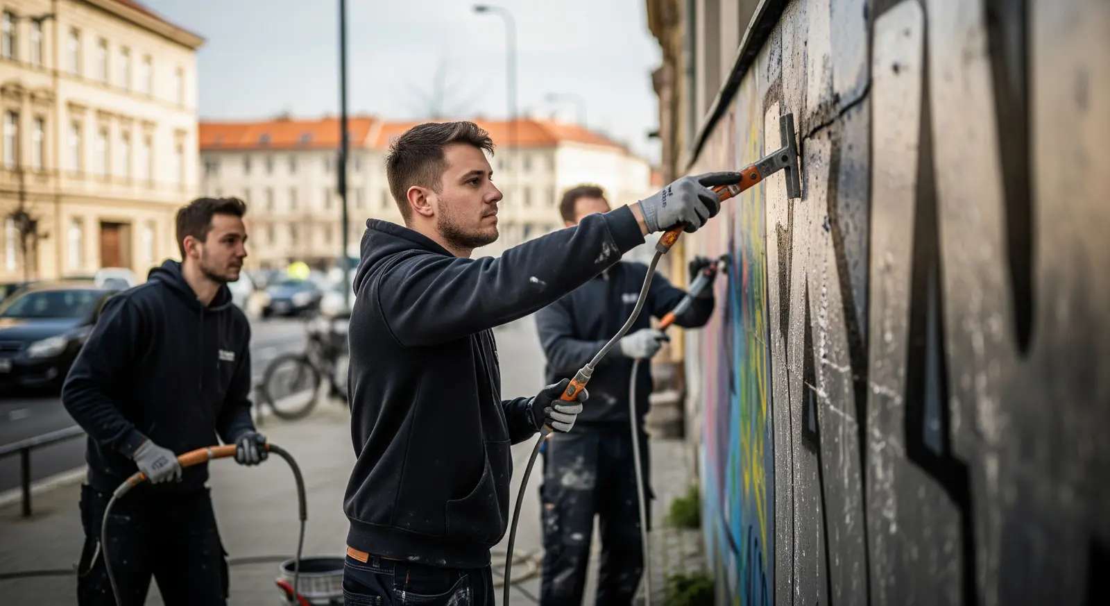Odstraňování graffiti z fasády budovy v Brně