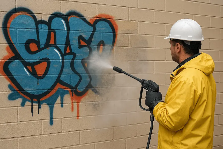 Fasáda pokreslená graffiti před odstraněním v Brně